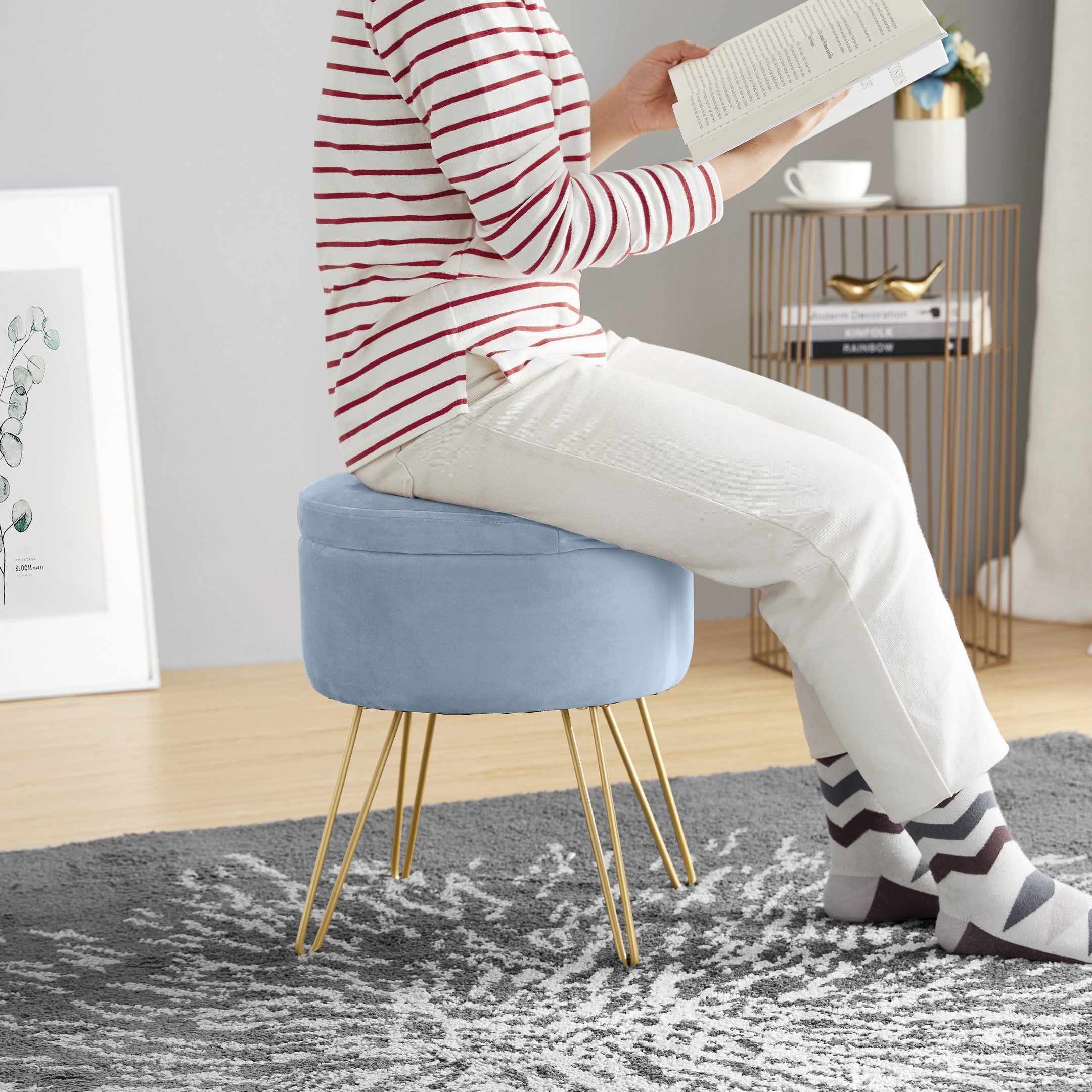 Round Velvet Storage Ottoman - Dusty Blue