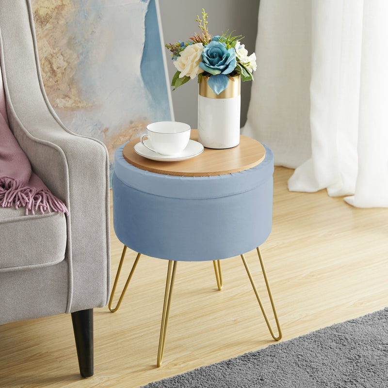 Round Velvet Storage Ottoman - Dusty Blue