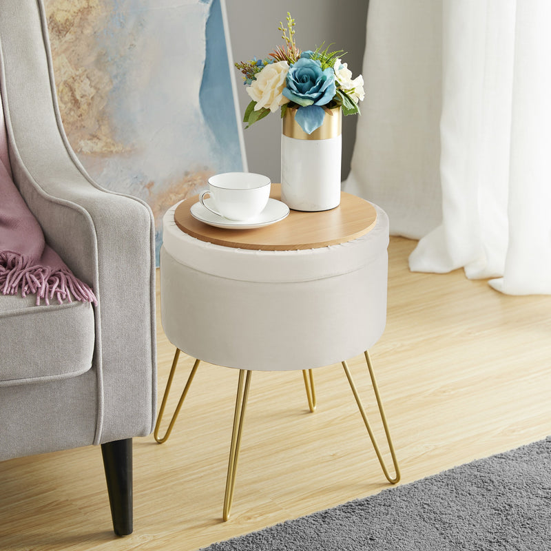 Round Velvet Storage Ottoman - Cream