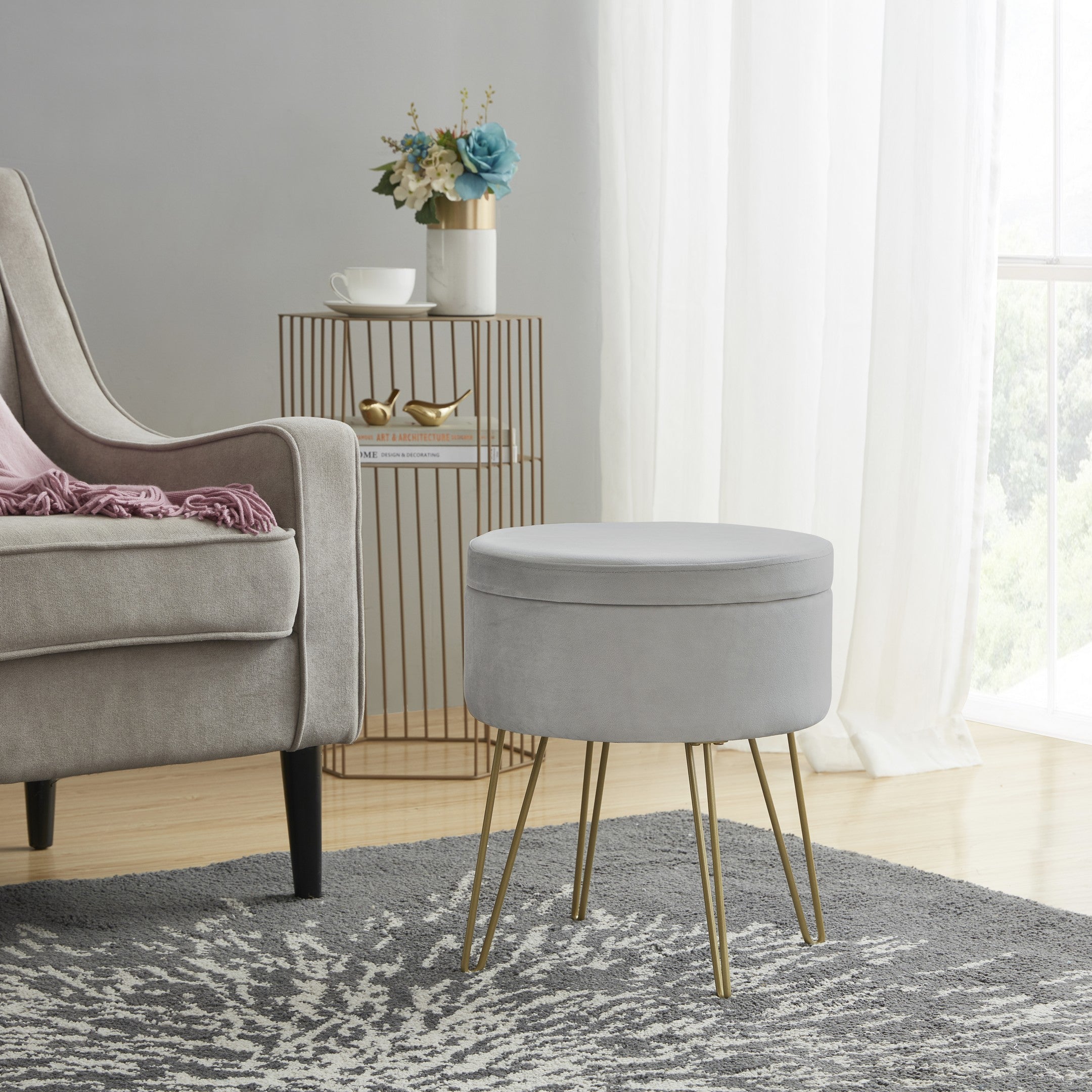 Round Velvet Storage Ottoman - Silver