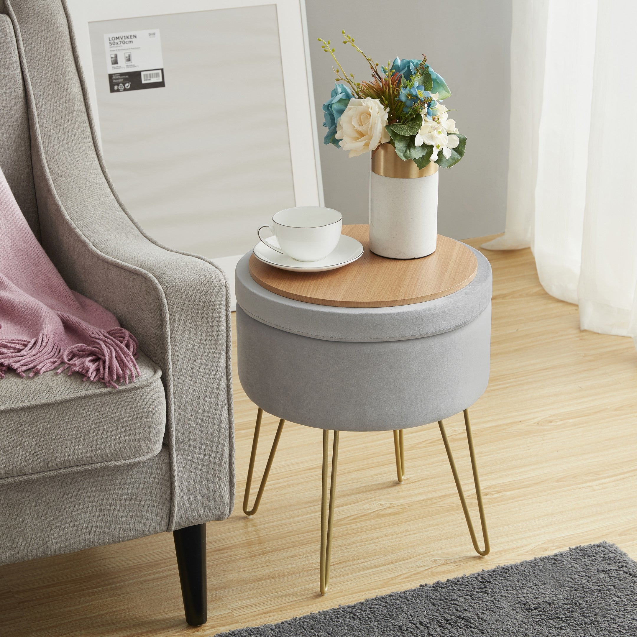 Round Velvet Storage Ottoman - Silver
