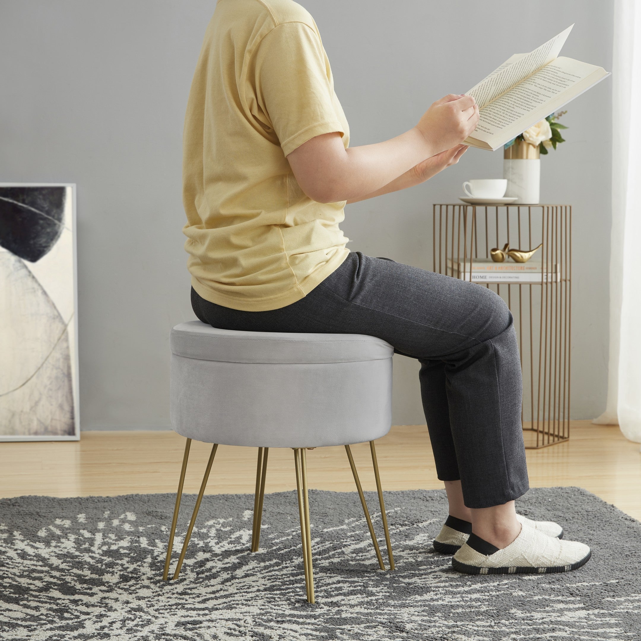 Round Velvet Storage Ottoman - Silver