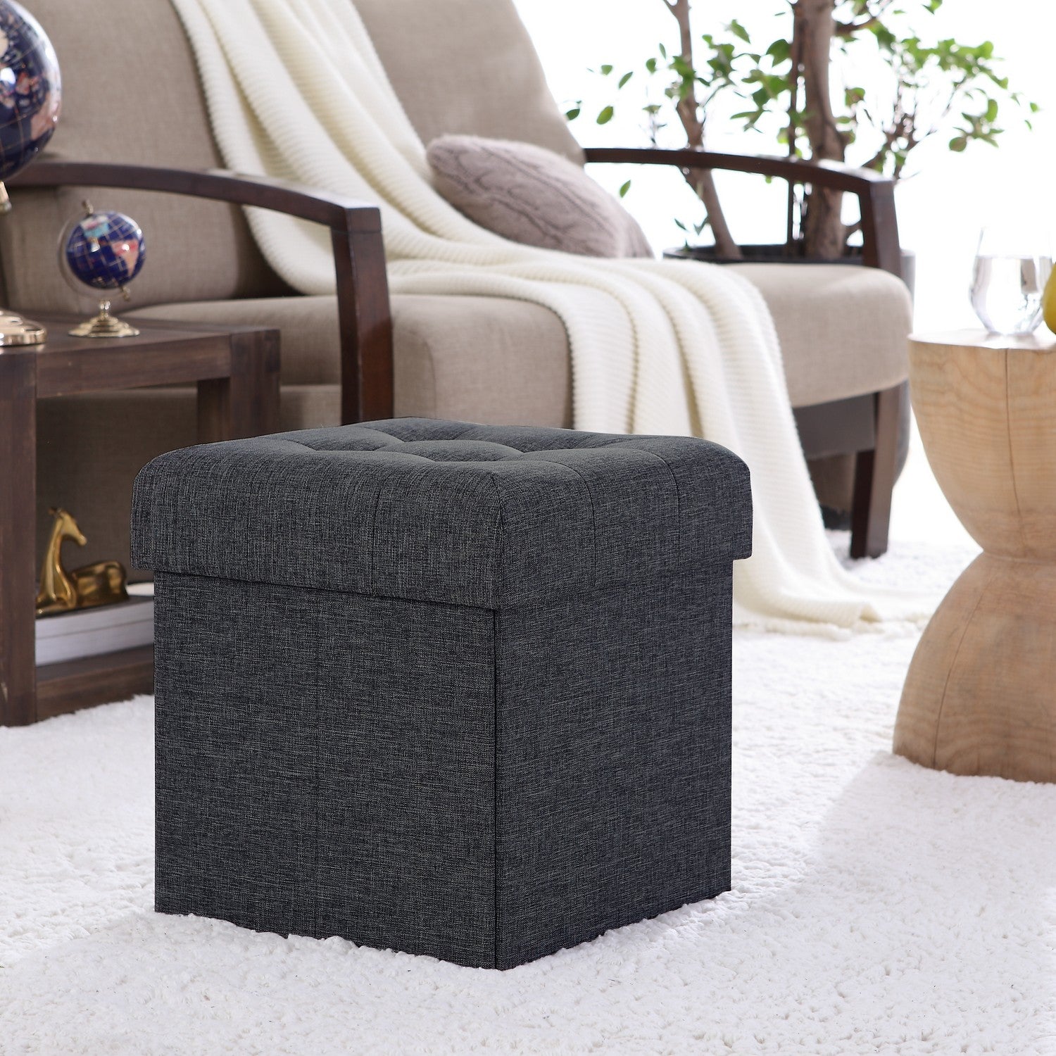 Foldable Tufted Linen Square Storage Ottoman - Black