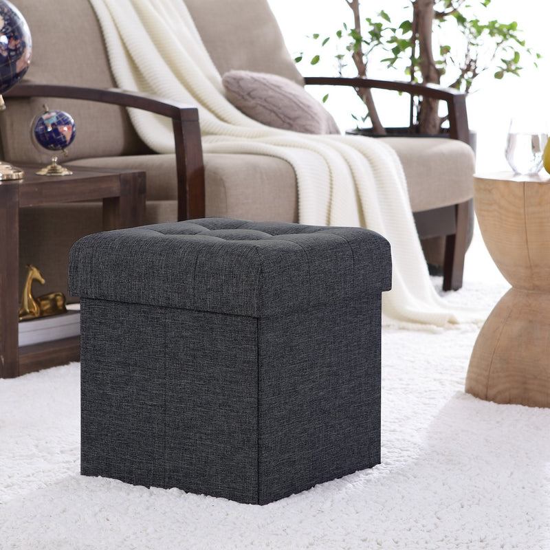 Foldable Tufted Linen Square Storage Ottoman - Black