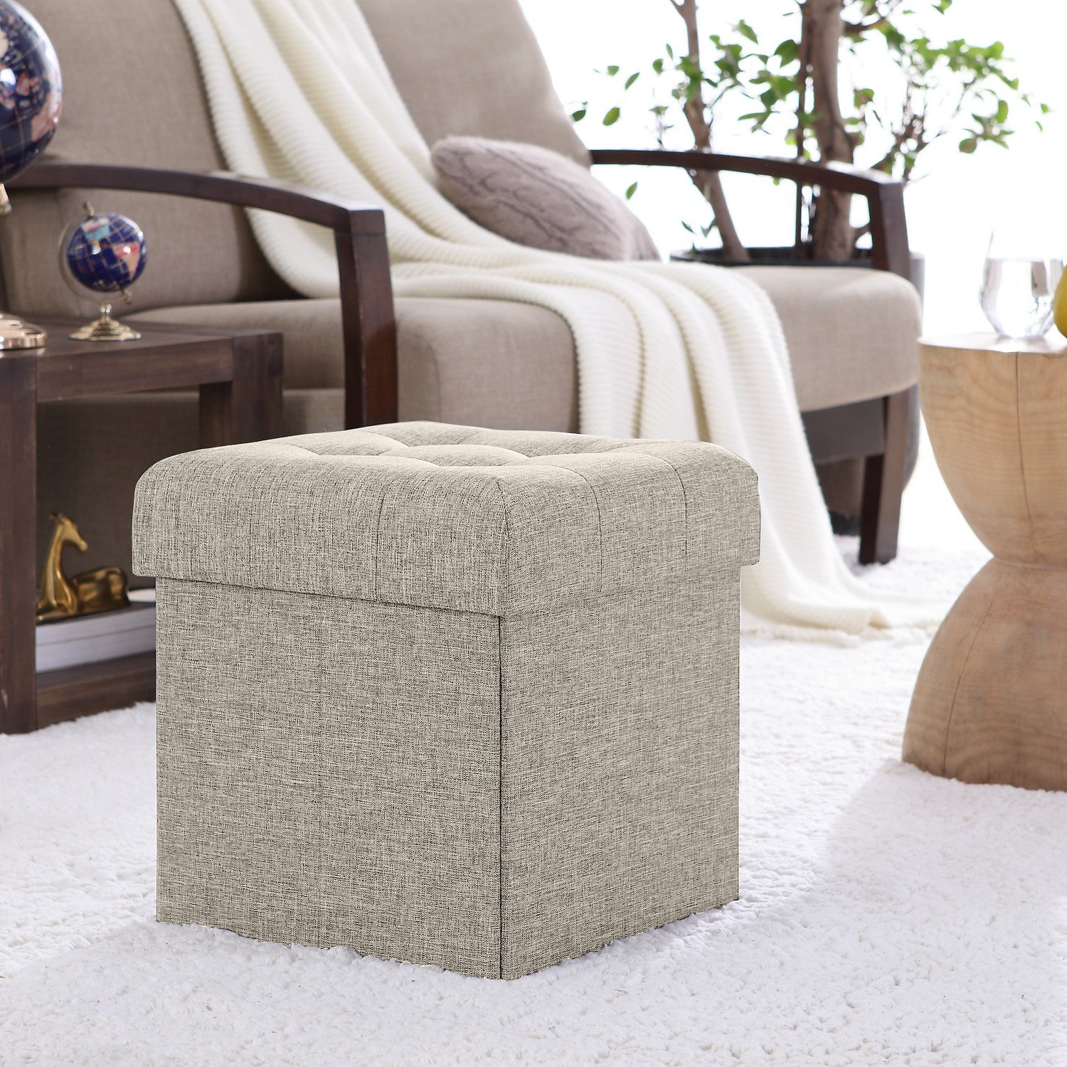 Foldable Tufted Linen Square Storage Ottoman - Beige