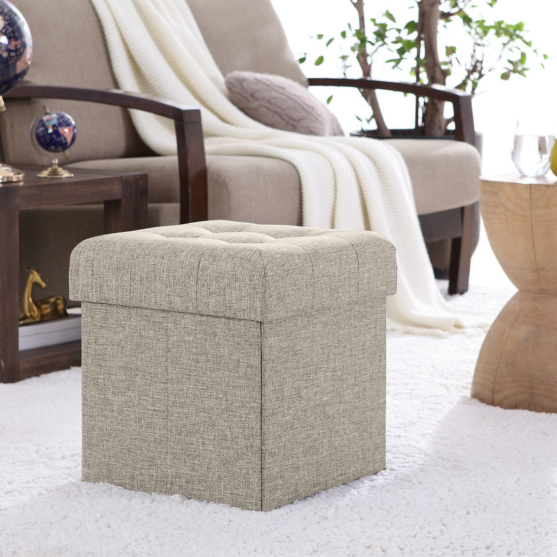 Foldable Tufted Linen Square Storage Ottoman - Beige