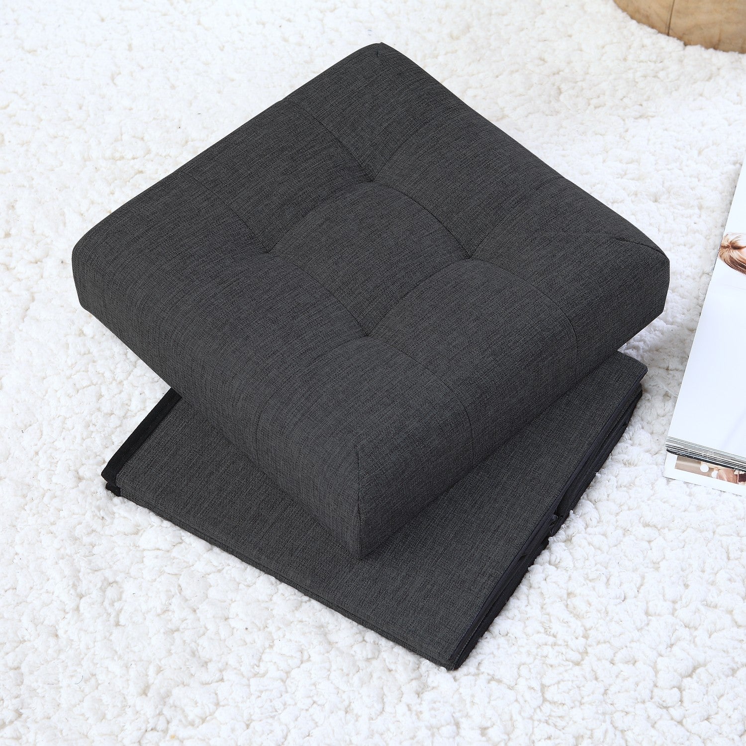 Foldable Tufted Linen Square Storage Ottoman - Black