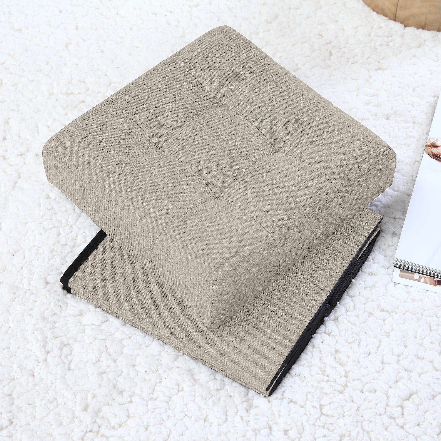 Foldable Tufted Linen Square Storage Ottoman - Beige