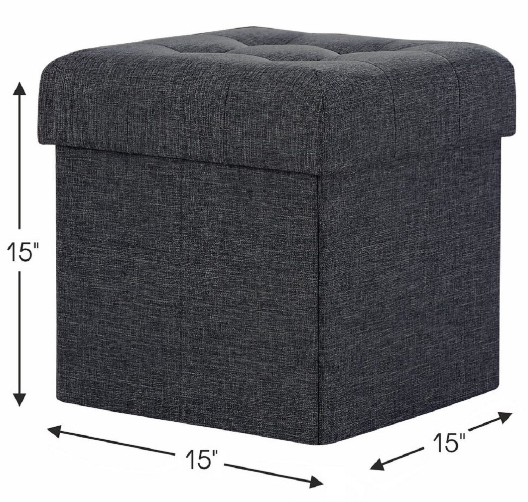 Foldable Tufted Linen Square Storage Ottoman - Black