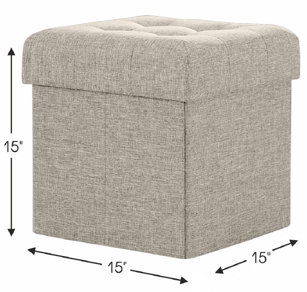 Foldable Tufted Linen Square Storage Ottoman - Beige