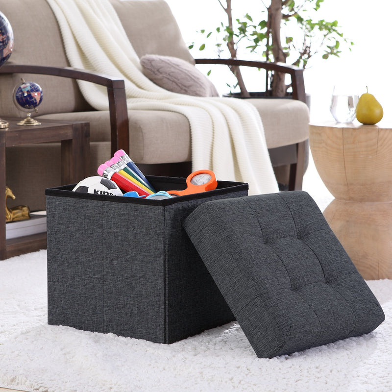 Foldable Tufted Linen Square Storage Ottoman - Black