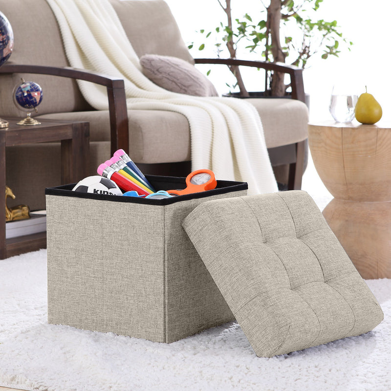 Foldable Tufted Linen Square Storage Ottoman - Beige