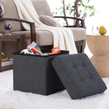 Foldable Tufted Linen Square Storage Ottoman - Black