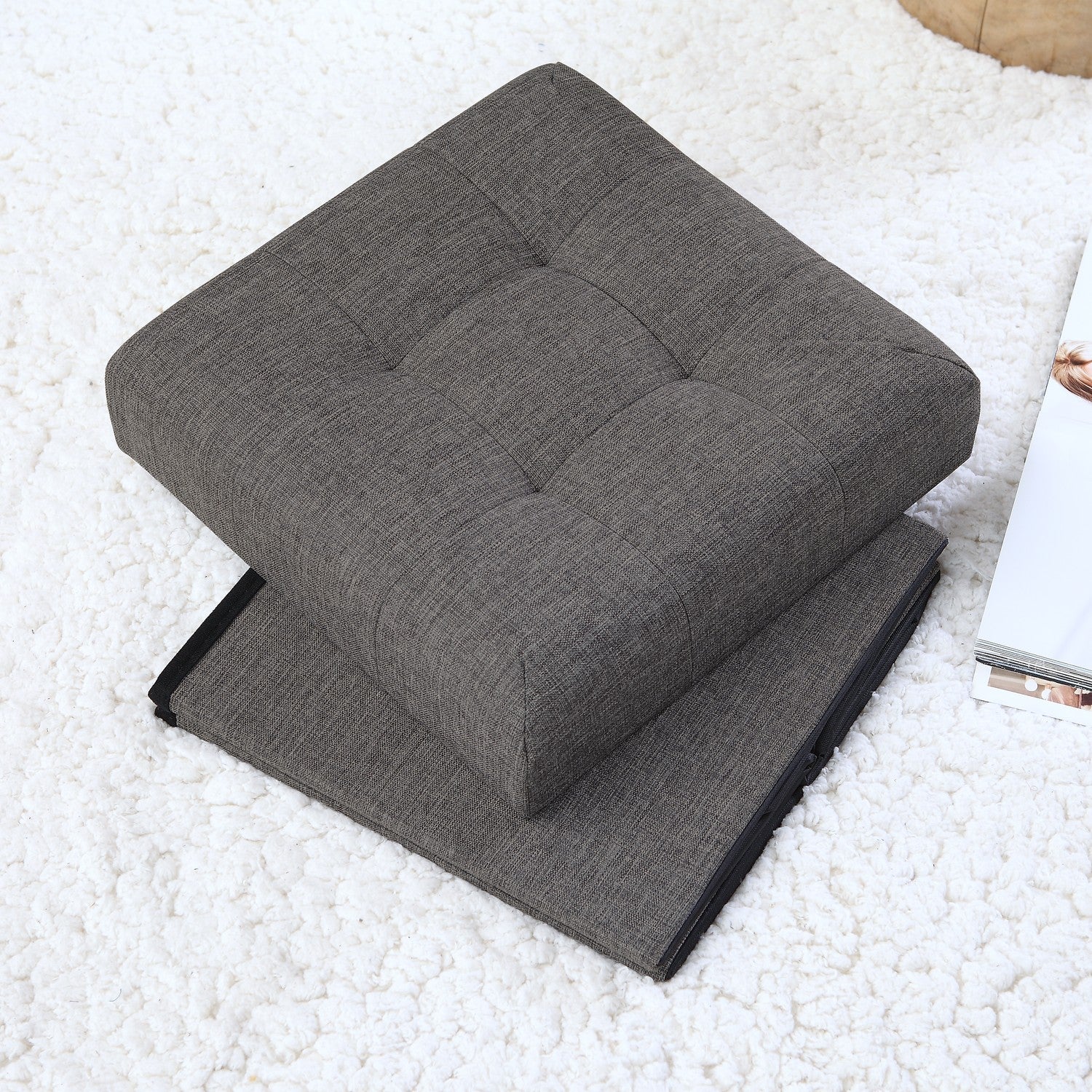 Foldable Tufted Linen Square Storage Ottoman - Charcoal Gray