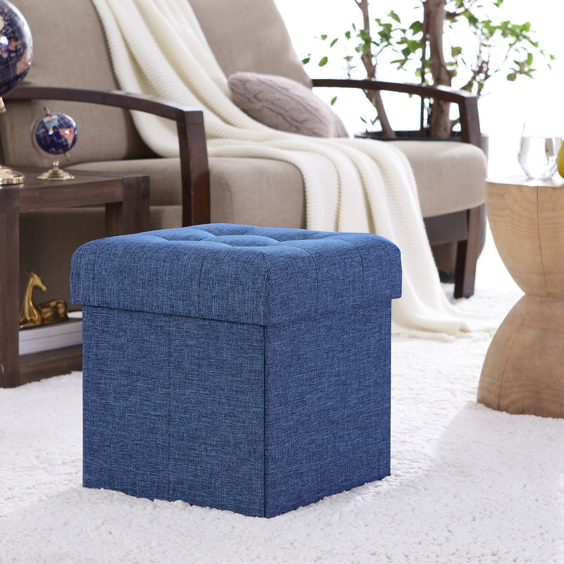 Foldable Tufted Linen Square Storage Ottoman - Navy Blue