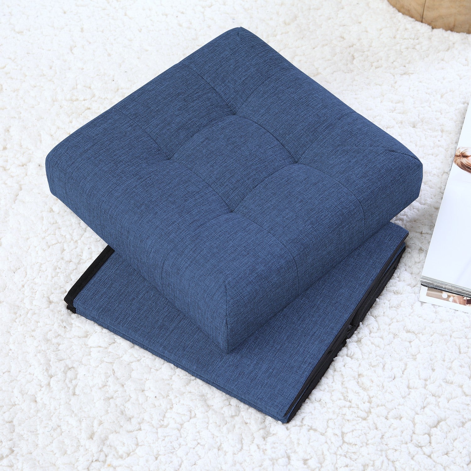 Foldable Tufted Linen Square Storage Ottoman - Navy Blue