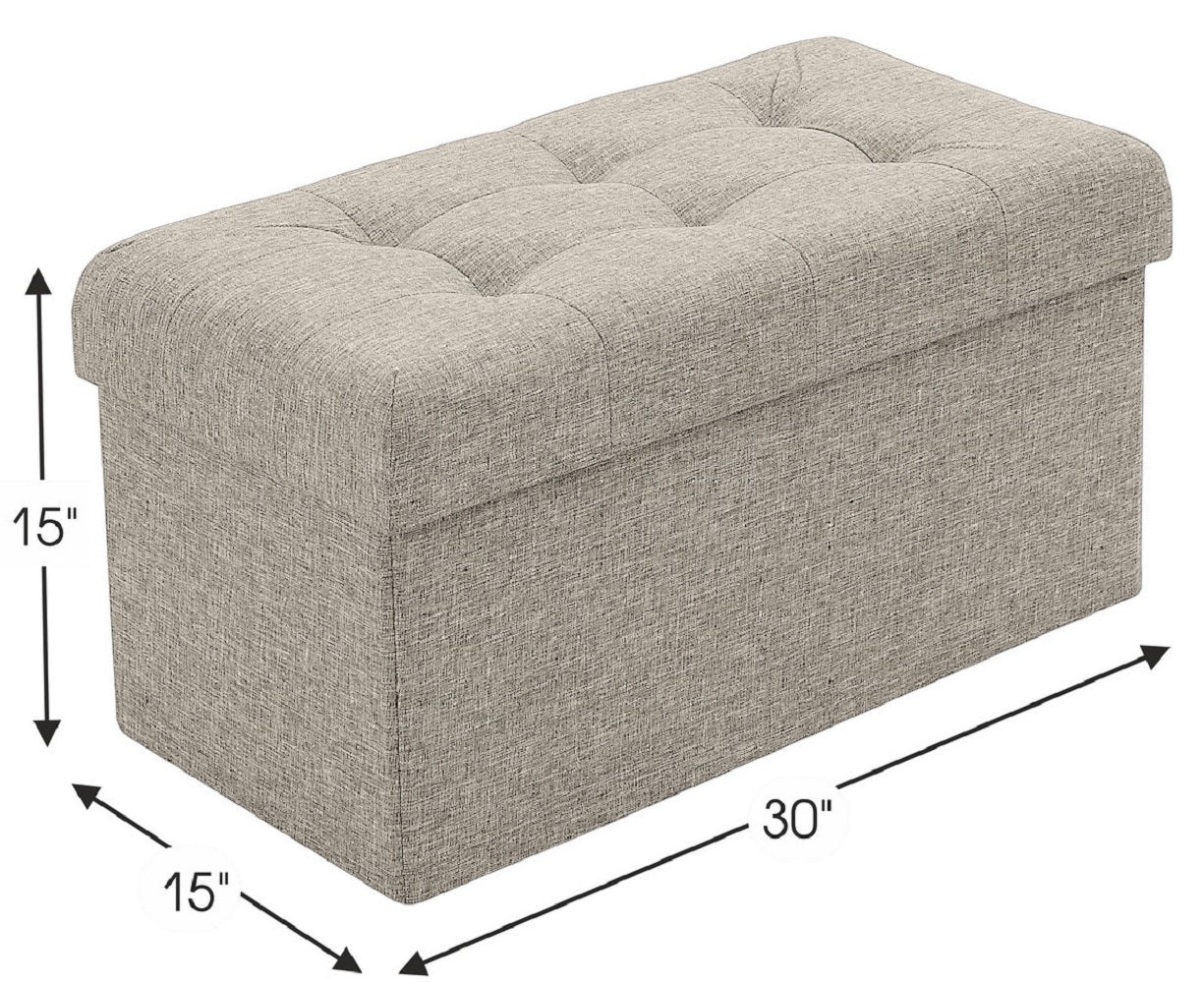 Foldable Tufted Linen Bench Storage Ottoman - Beige