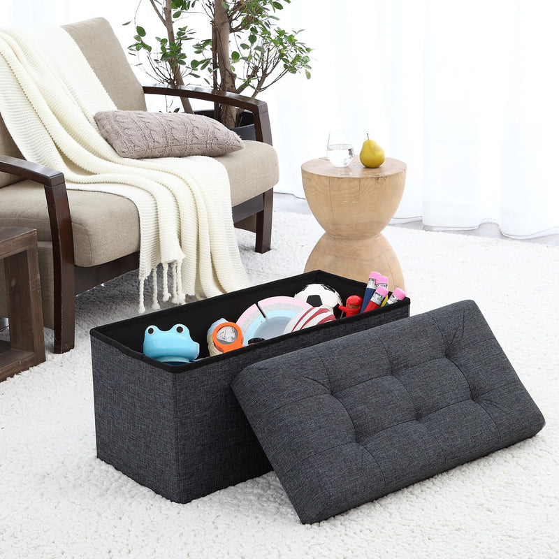 Foldable Tufted Linen Bench Storage Ottoman - Black