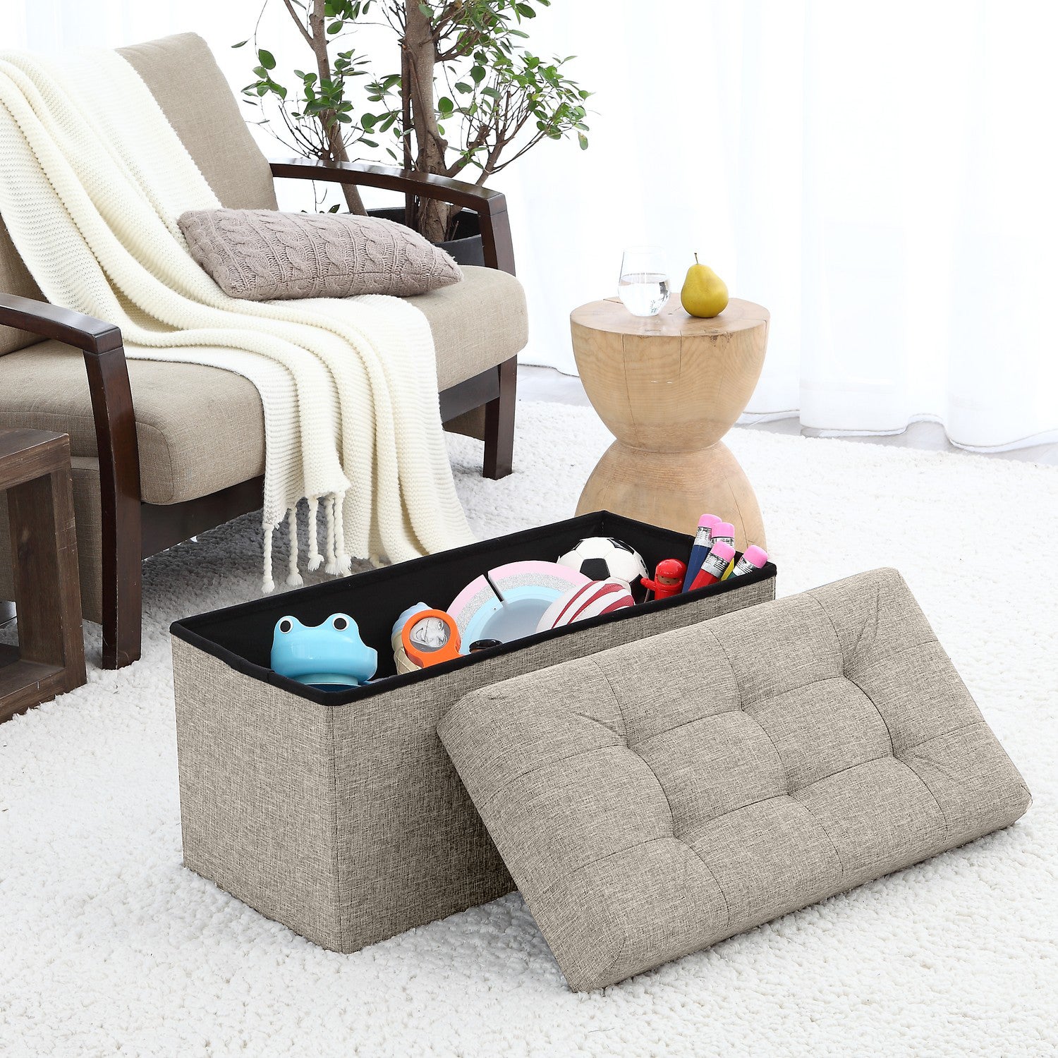Foldable Tufted Linen Bench Storage Ottoman - Beige