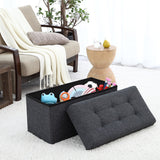 Foldable Tufted Linen Bench Storage Ottoman - Black