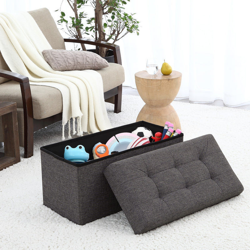 Foldable Tufted Linen Bench Storage Ottoman - Charcoal