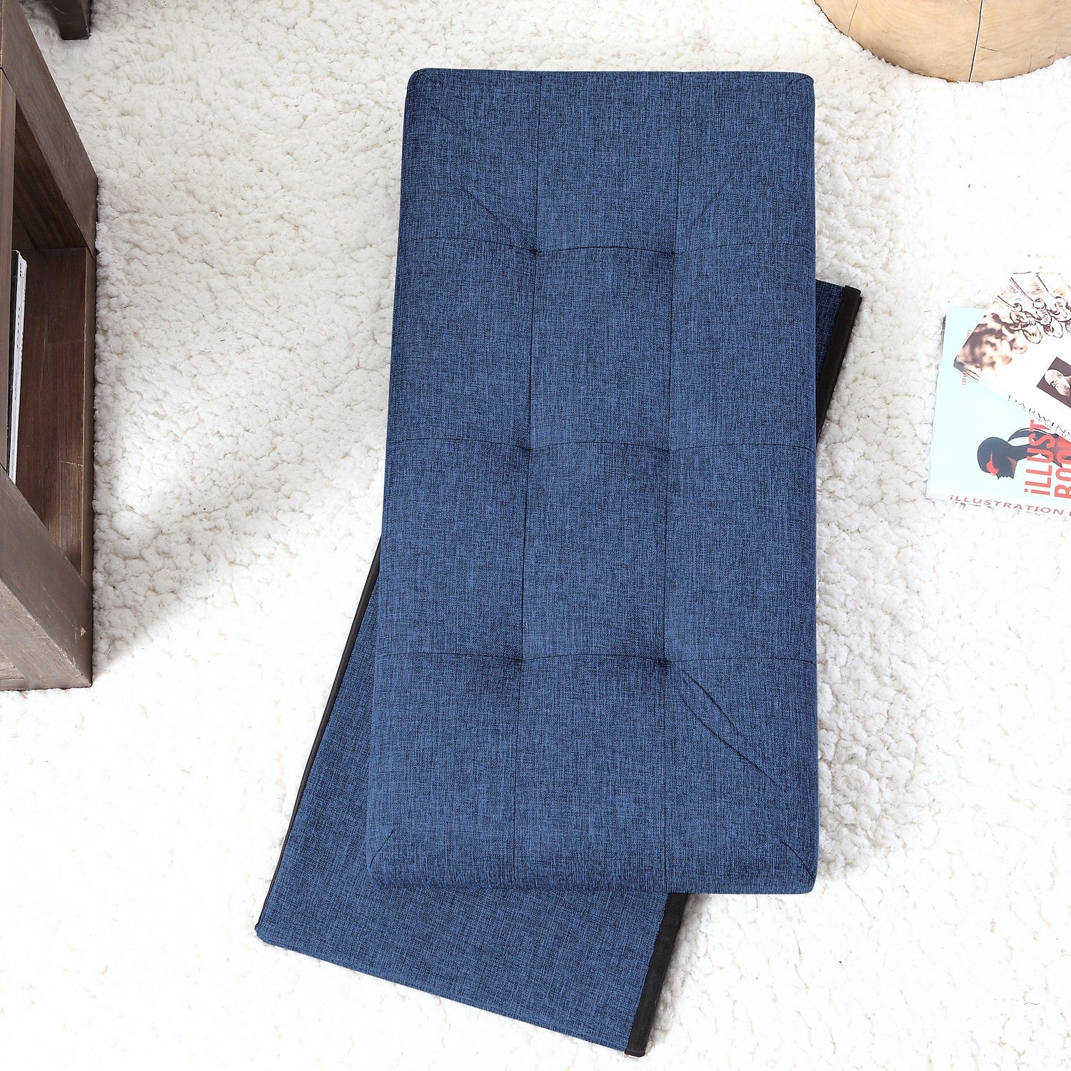 Foldable Tufted Linen Bench Storage Ottoman - Navy Blue