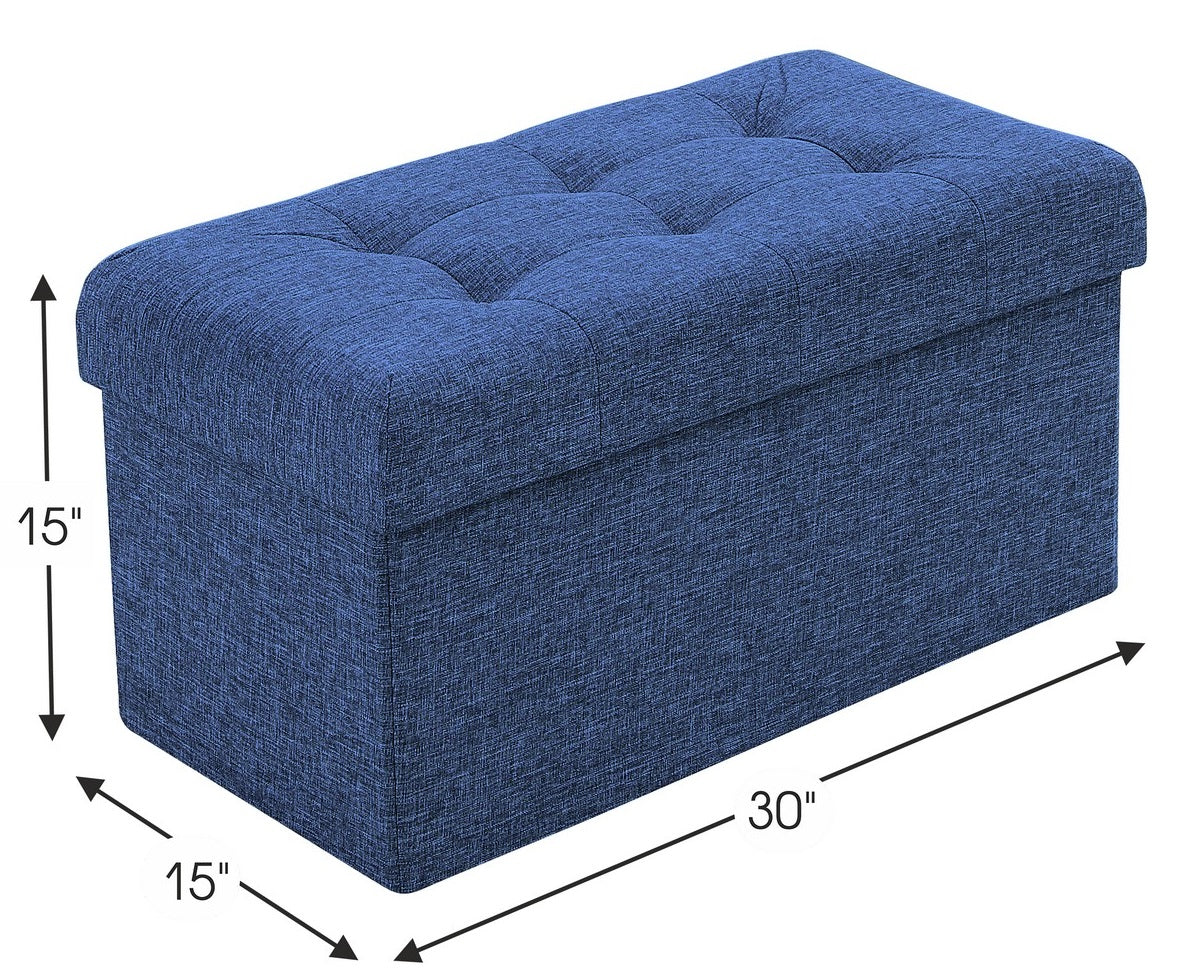 Foldable Tufted Linen Bench Storage Ottoman - Navy Blue