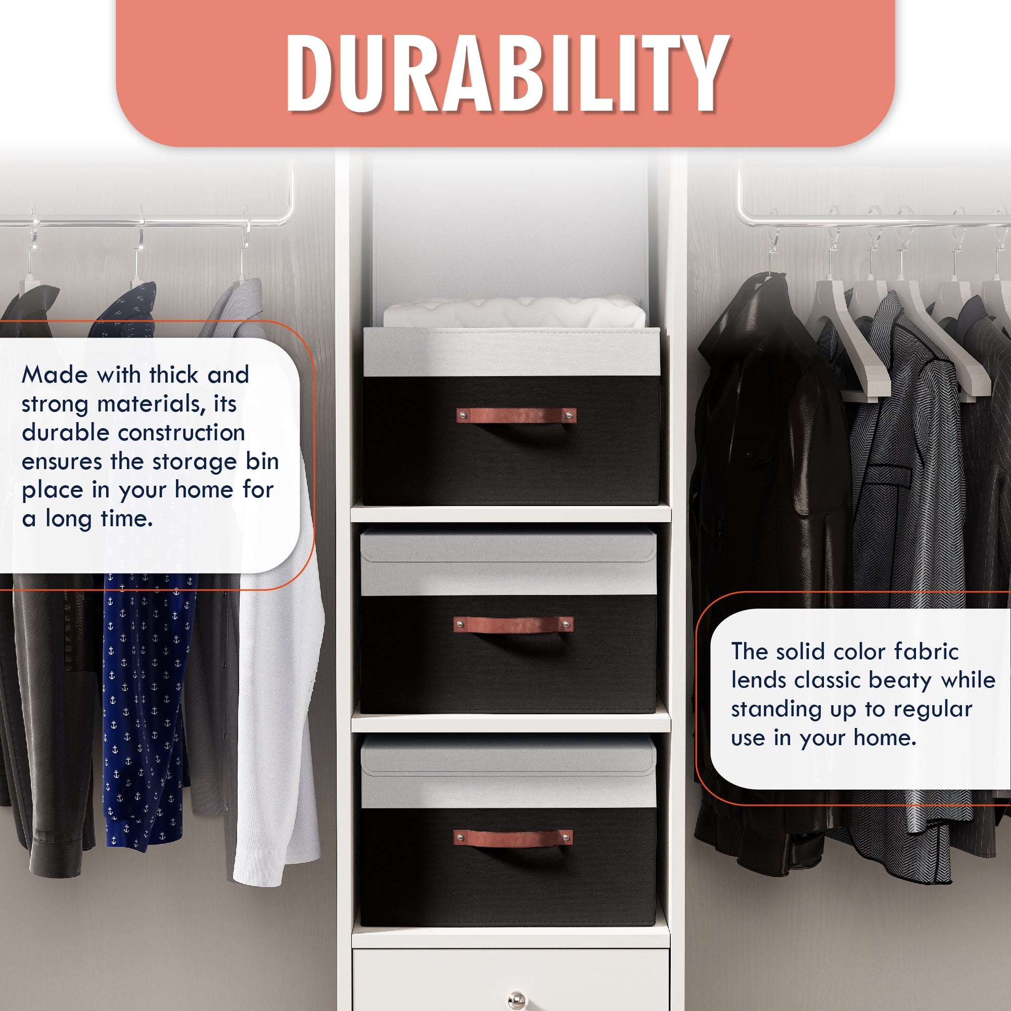 Foldable Linen XLarge Storage Bin with Leather Handles and Lid - Set of 3