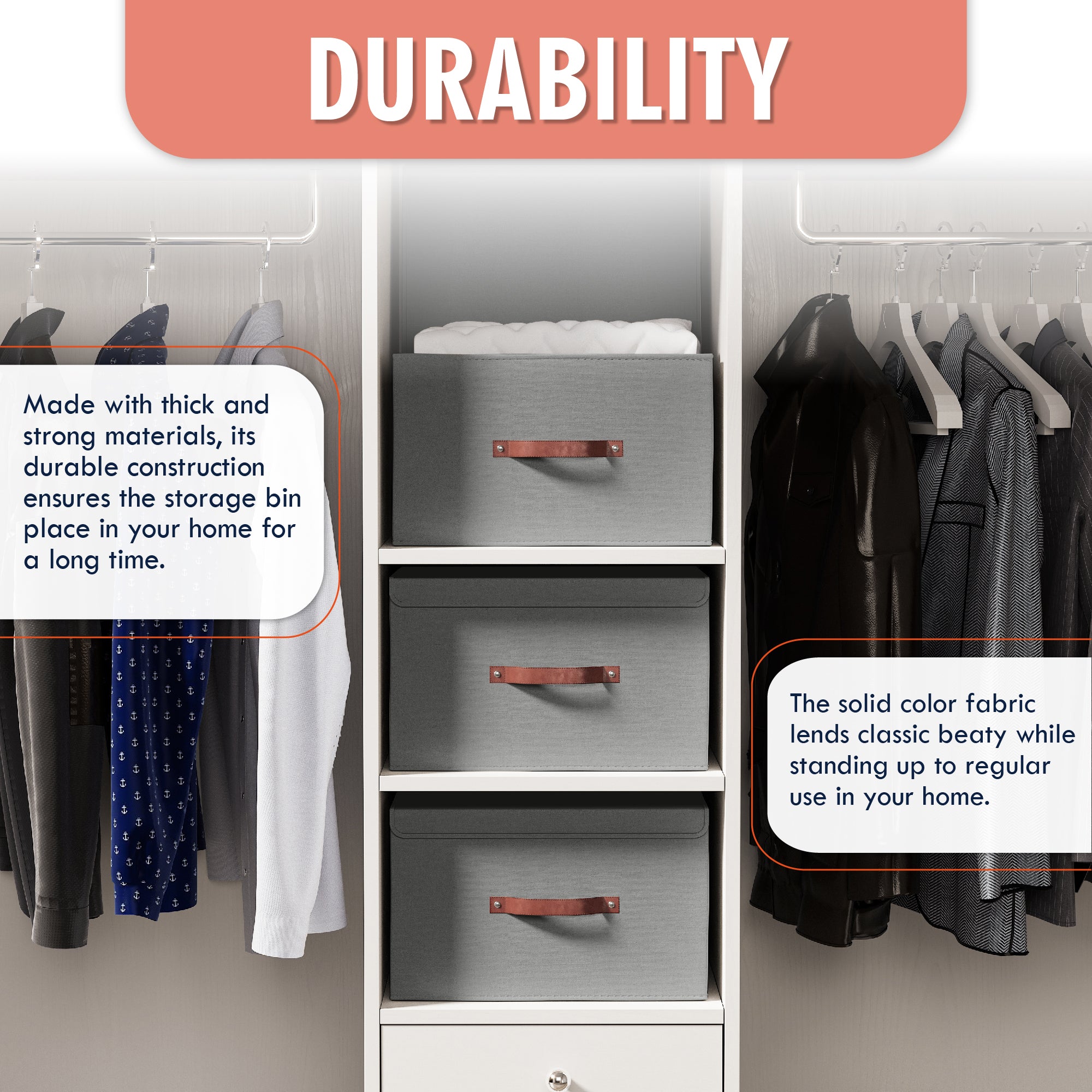 Foldable Linen XLarge Storage Bin with Leather Handles and Lid - Set of 3