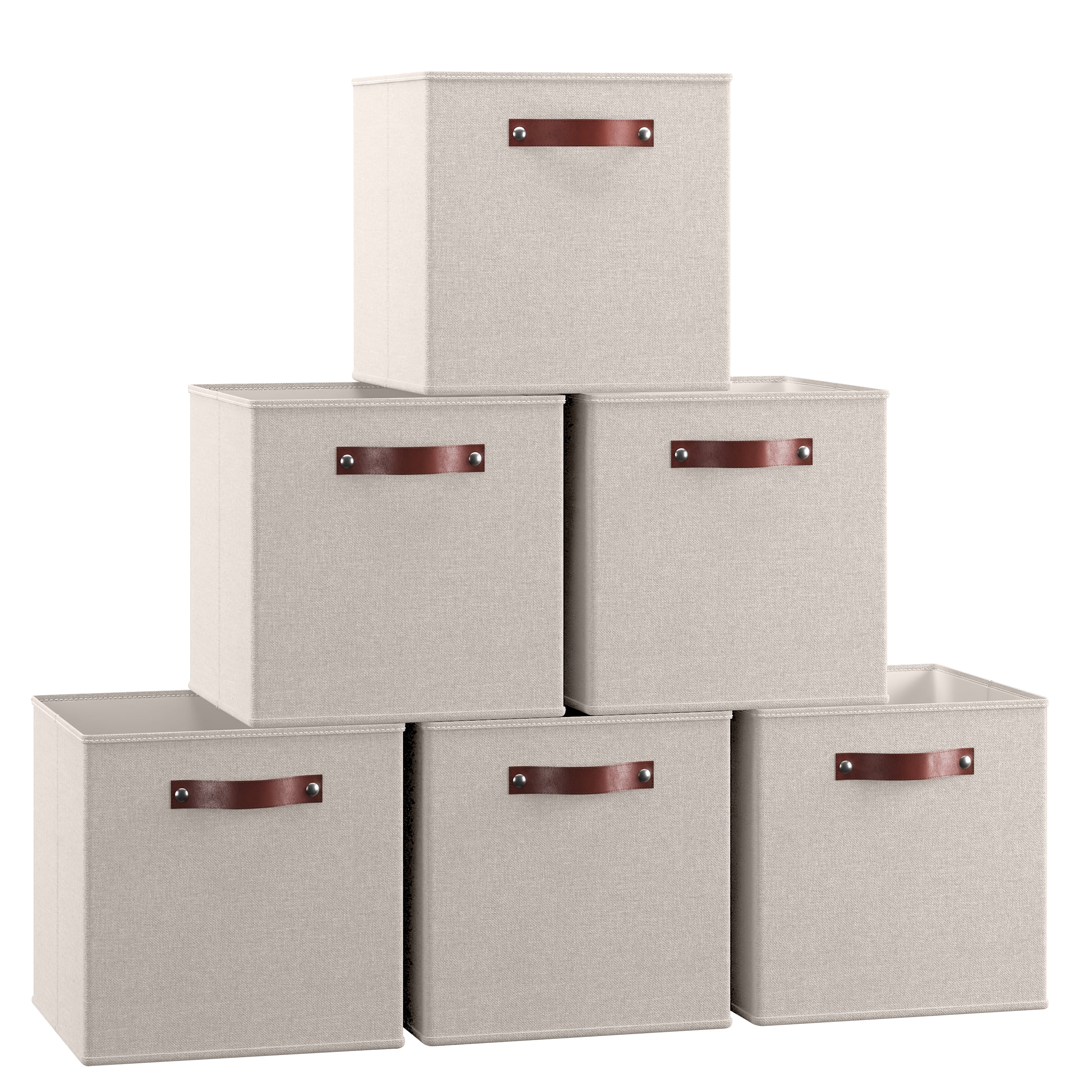 Foldable Linen Storage Cube Bin with Leather Handles - 13 Inch - Set of 6