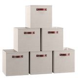 Foldable Linen Storage Cube Bin with Leather Handles - 13 Inch - Set of 6