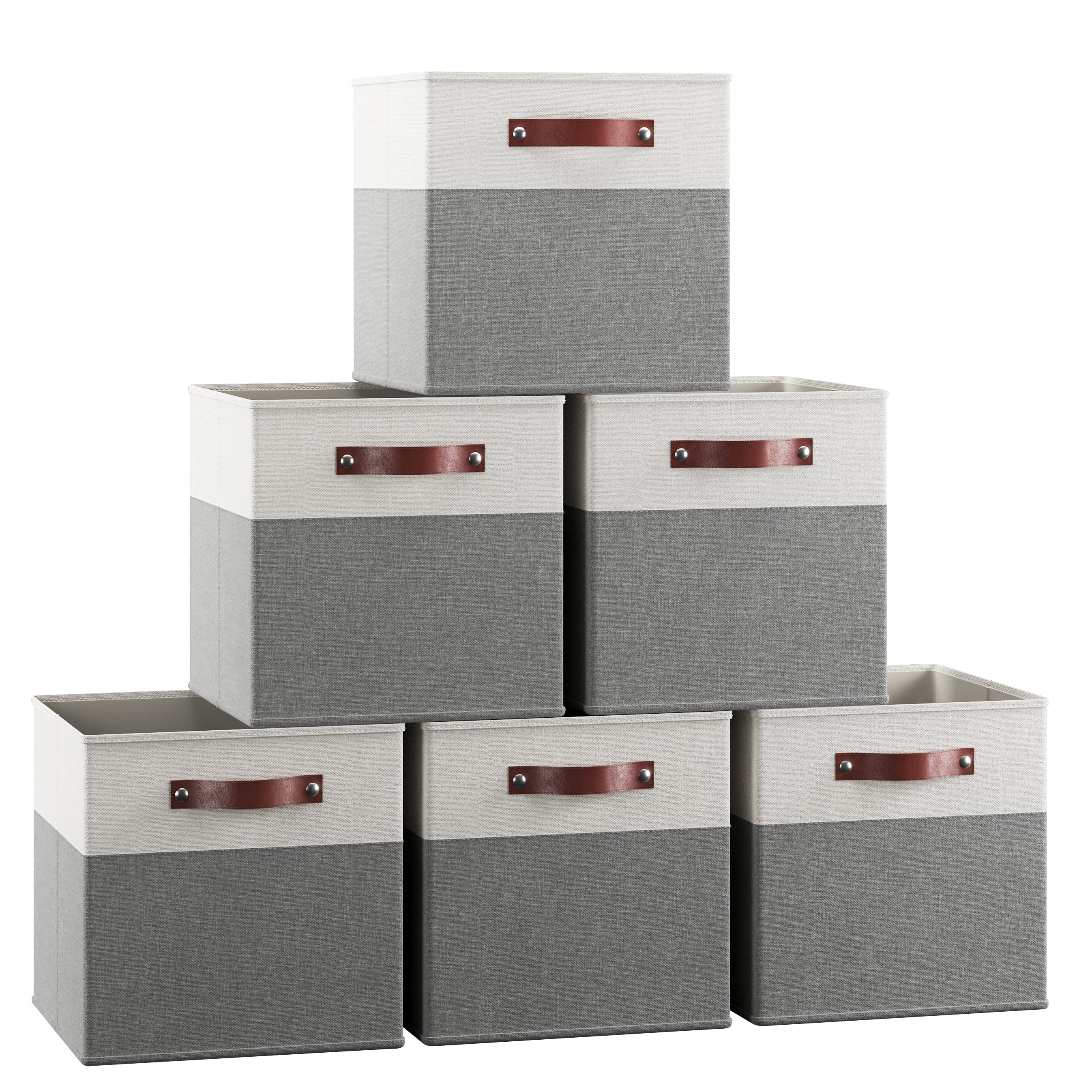 Foldable Linen Storage Cube Bin with Leather Handles - 13 Inch - Set of 6