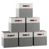 Foldable Linen Storage Cube Bin with Leather Handles - 13 Inch - Set of 6