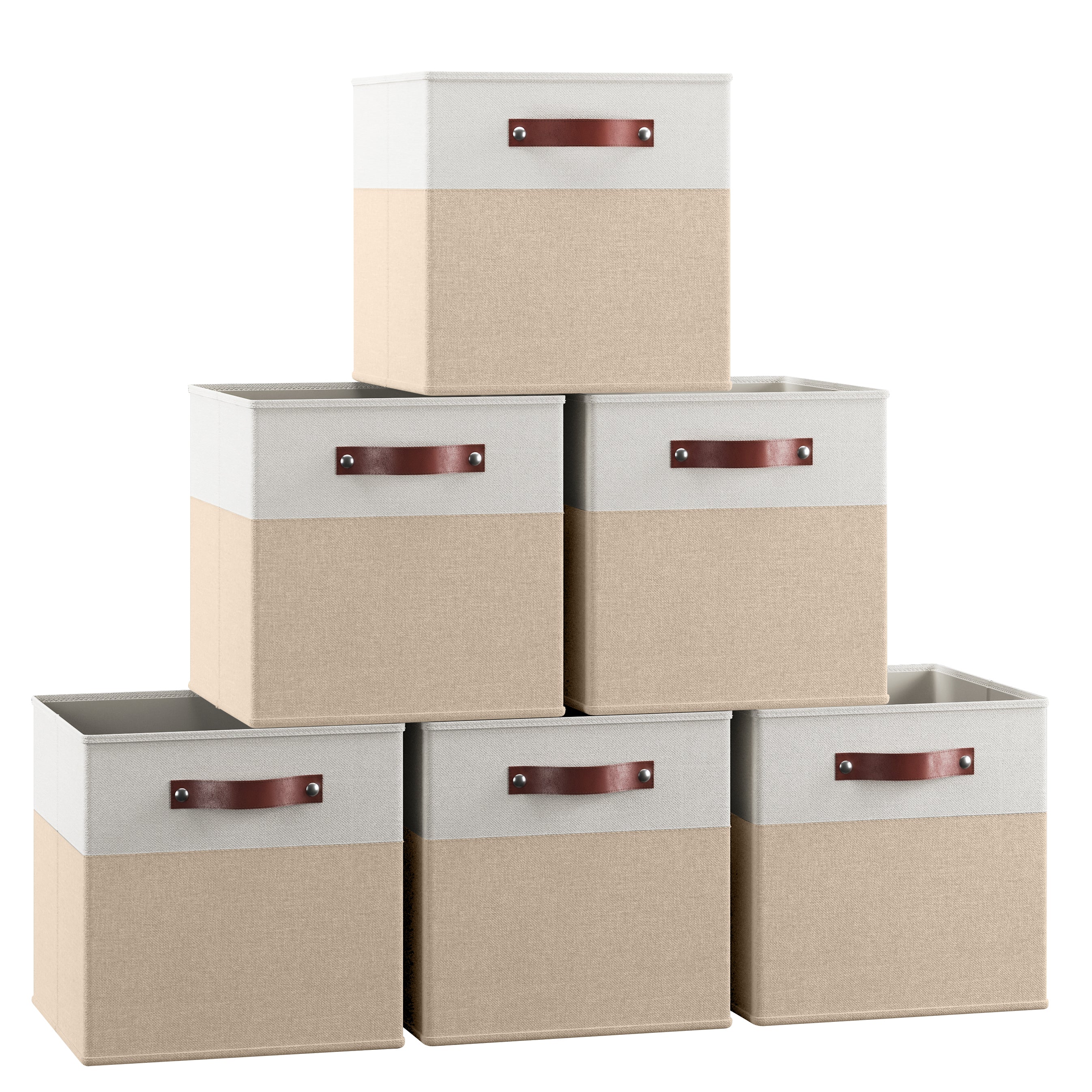 Foldable Linen Storage Cube Bin with Leather Handles - 13 Inch - Set of 6