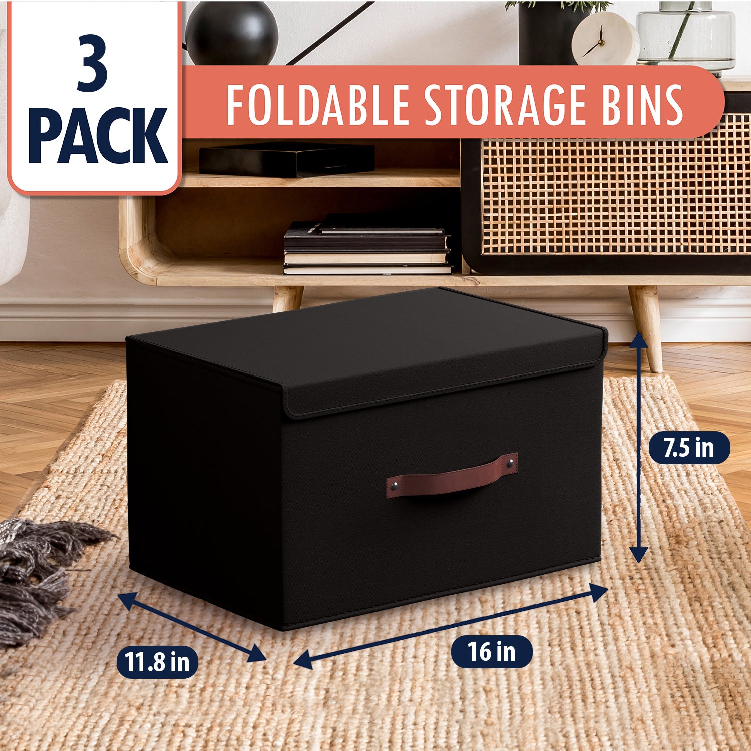 Foldable Linen XLarge Storage Bin with Leather Handles and Lid - Set of 3
