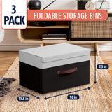 Foldable Linen XLarge Storage Bin with Leather Handles and Lid - Set of 3