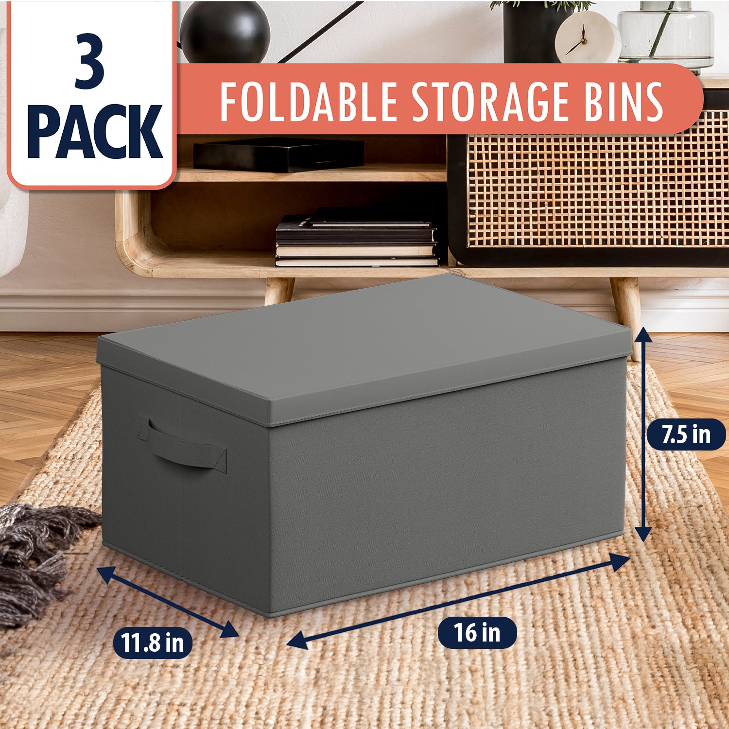 Foldable XLarge Storage Bin with Handles and Lid - Set of 3
