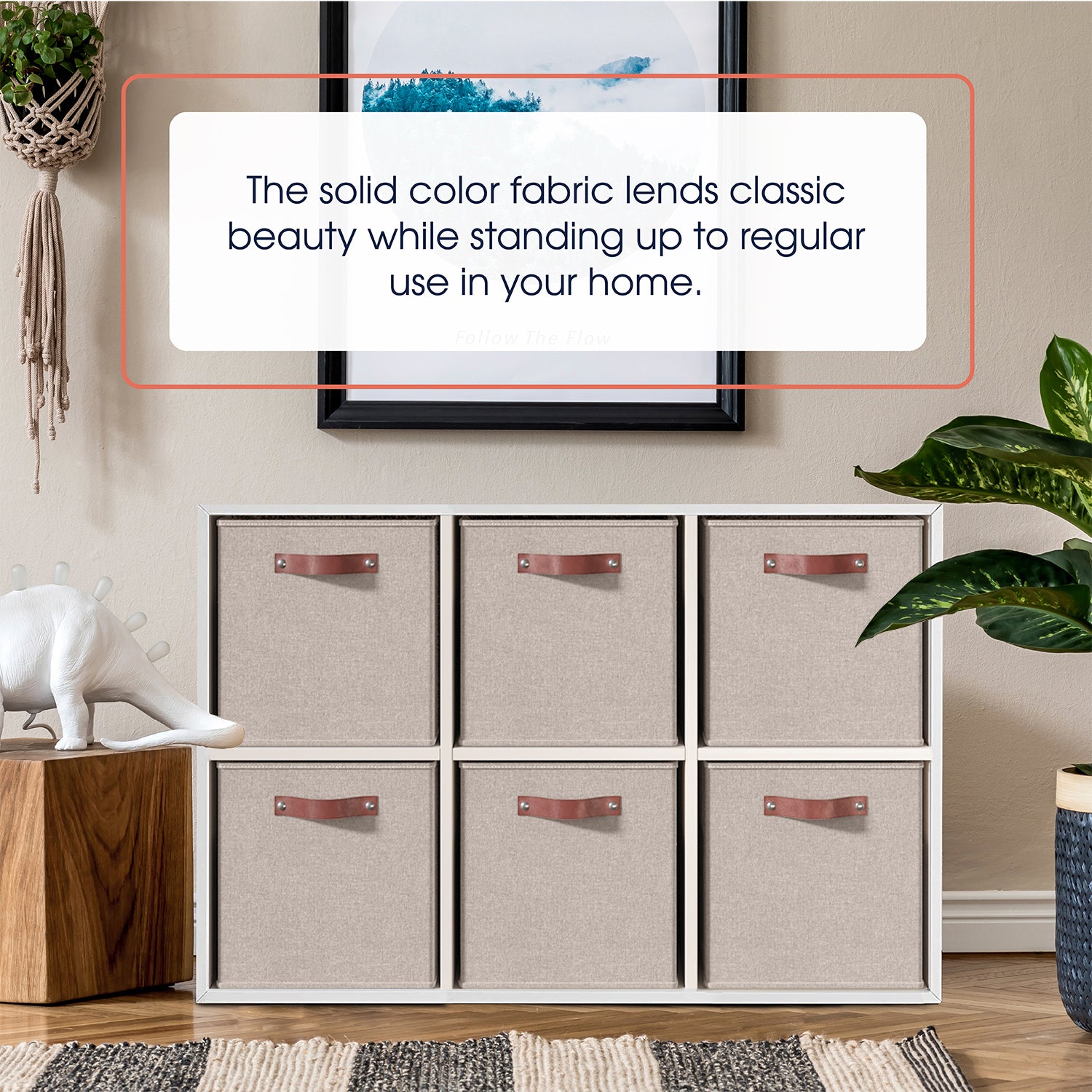 Foldable Linen Storage Cube Bin with Leather Handles - 13 Inch - Set of 6