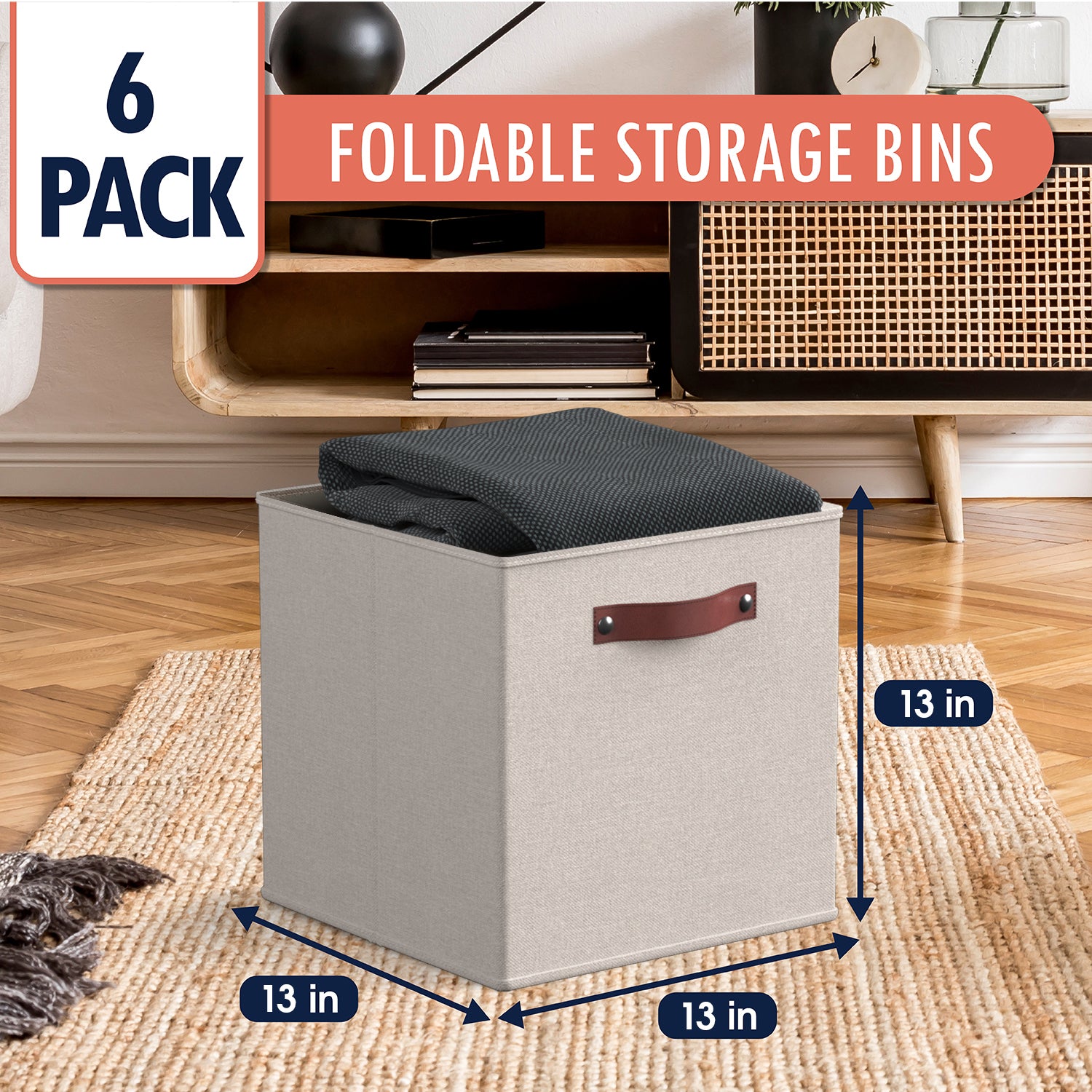 Foldable Linen Storage Cube Bin with Leather Handles - 13 Inch - Set of 6