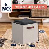 Foldable Linen Storage Cube Bin with Leather Handles - 13 Inch - Set of 6