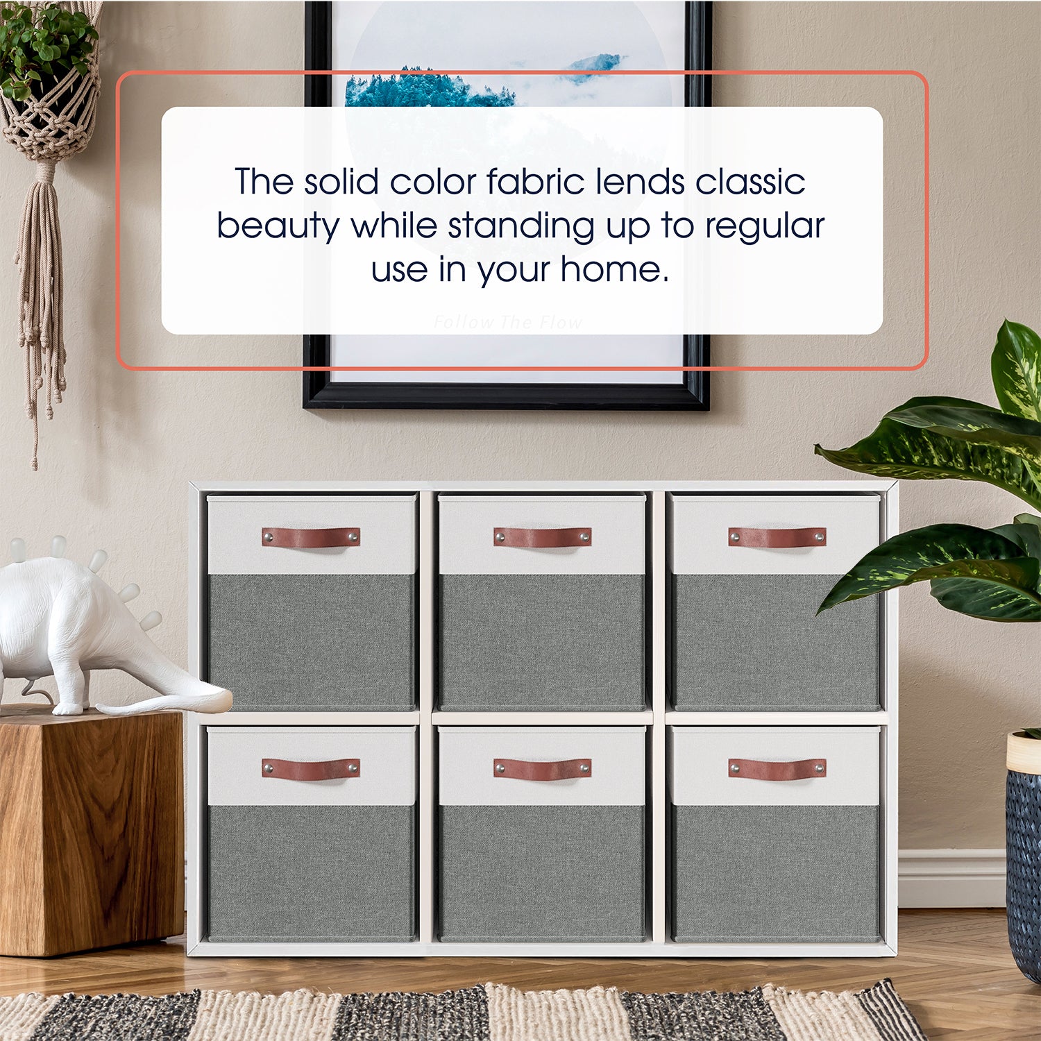 Foldable Linen Storage Cube Bin with Leather Handles - 13 Inch - Set of 6