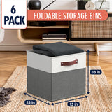Foldable Linen Storage Cube Bin with Leather Handles - 13 Inch - Set of 6