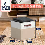 Foldable Linen Storage Cube Bin with Leather Handles - 13 Inch - Set of 6