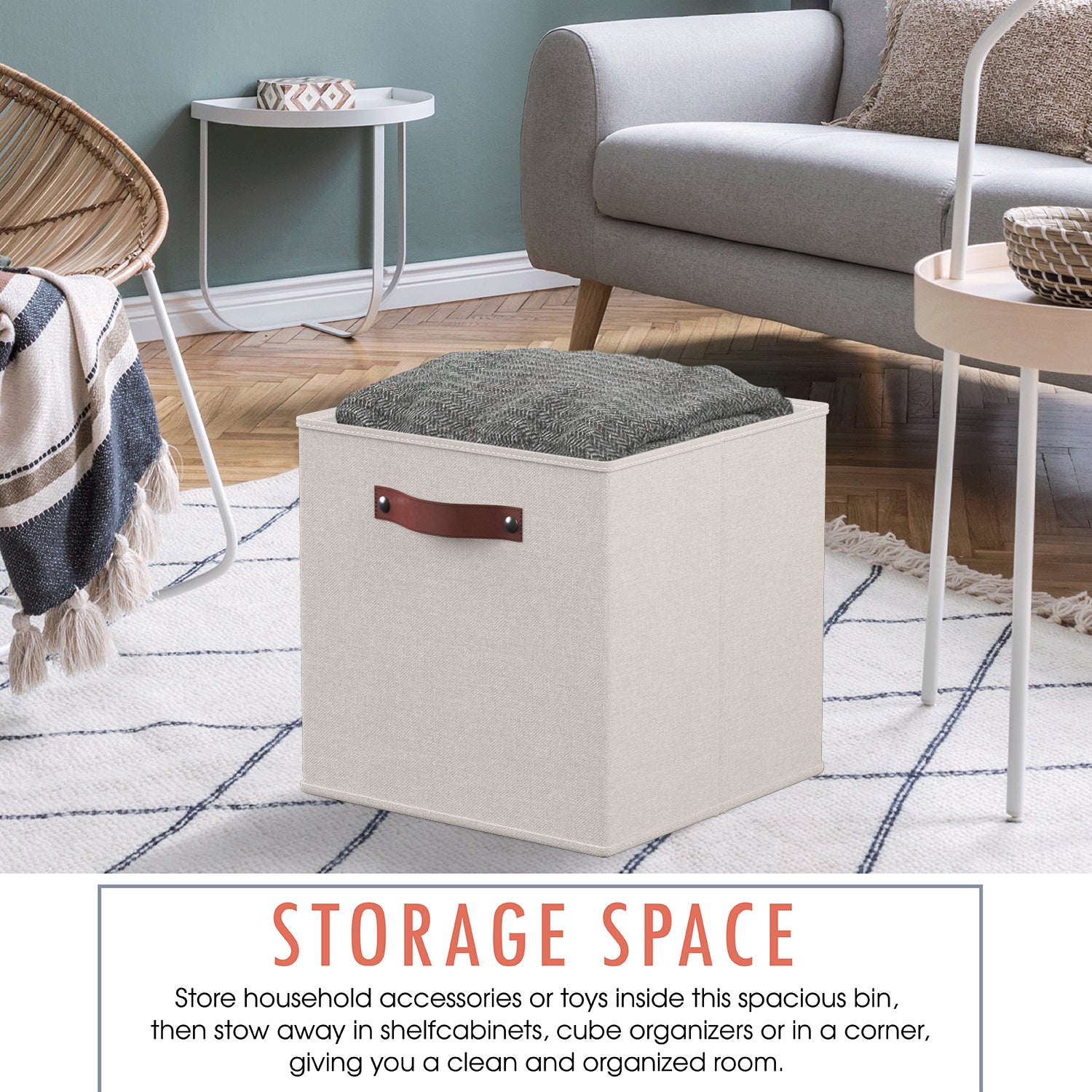 Foldable Linen Storage Cube Bin with Leather Handles - 13 Inch - Set of 6
