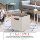 Foldable Linen Storage Cube Bin with Leather Handles - 13 Inch - Set of 6