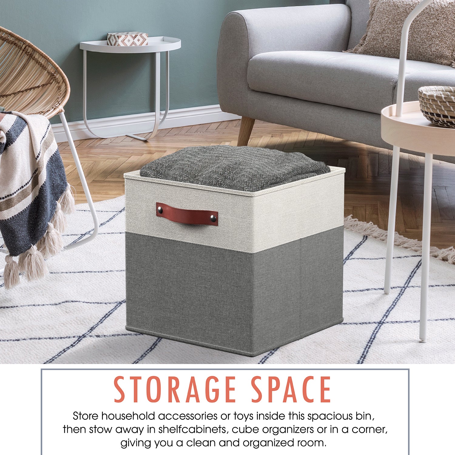 Foldable Linen Storage Cube Bin with Leather Handles - 13 Inch - Set of 6