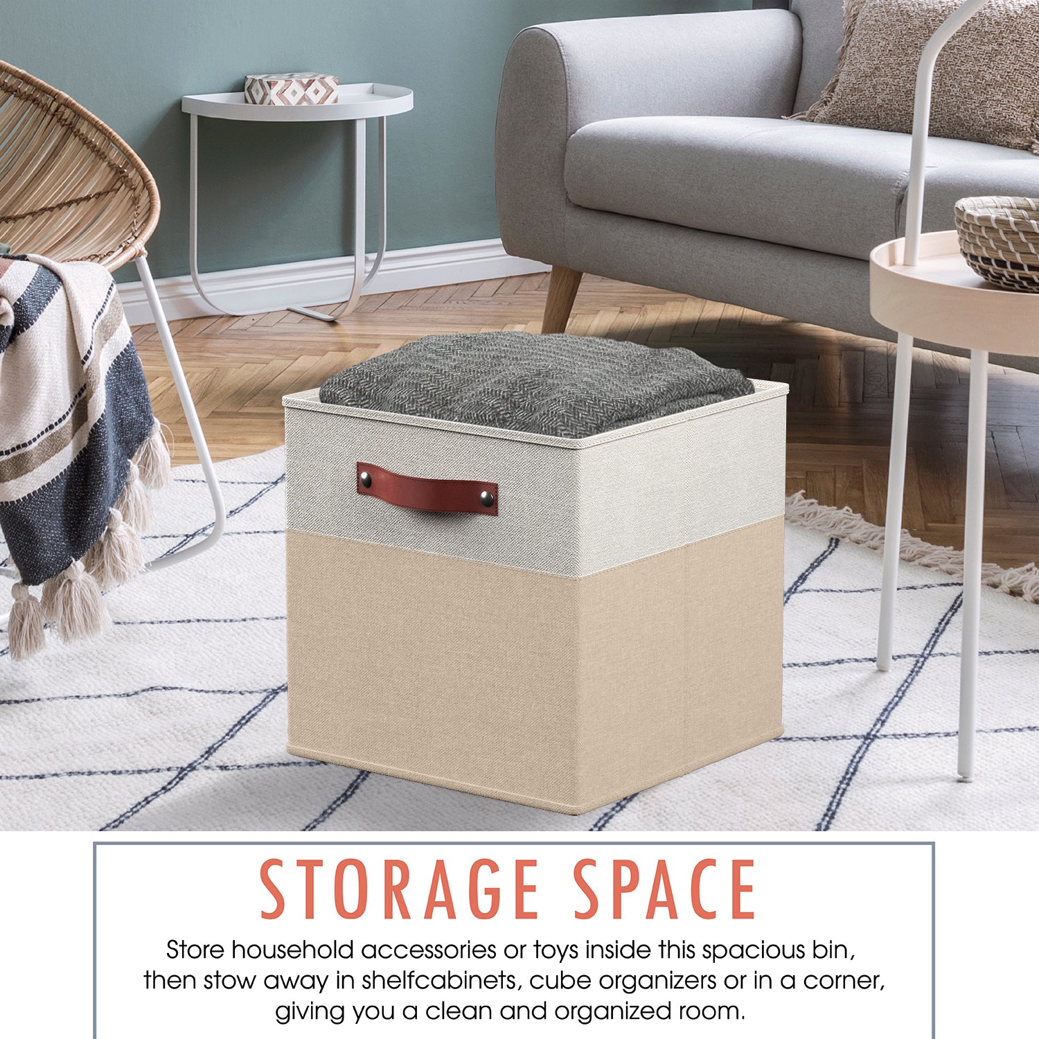 Foldable Linen Storage Cube Bin with Leather Handles - 13 Inch - Set of 6