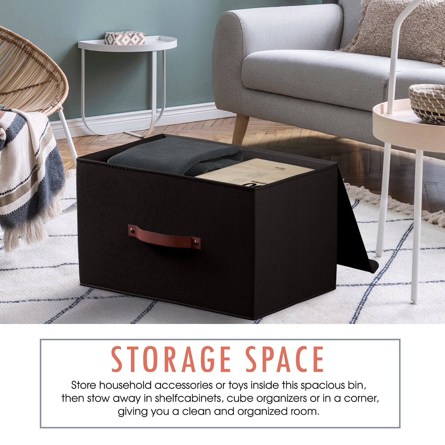 Foldable Linen XLarge Storage Bin with Leather Handles and Lid - Set of 3