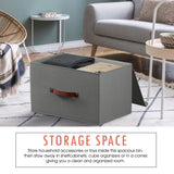 Foldable Linen XLarge Storage Bin with Leather Handles and Lid - Set of 3