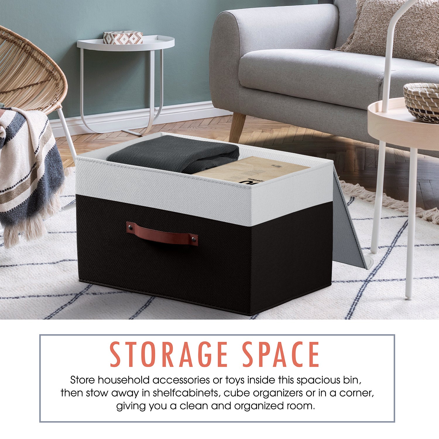 Foldable Linen XLarge Storage Bin with Leather Handles and Lid - Set of 3